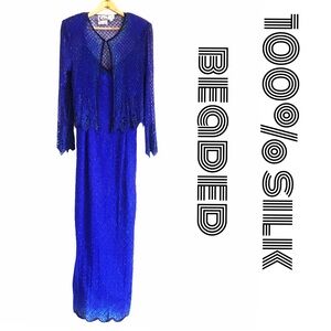 VTG silk blue beaded maxi dress with jacket sz L deco lace mesh gown Embroidery